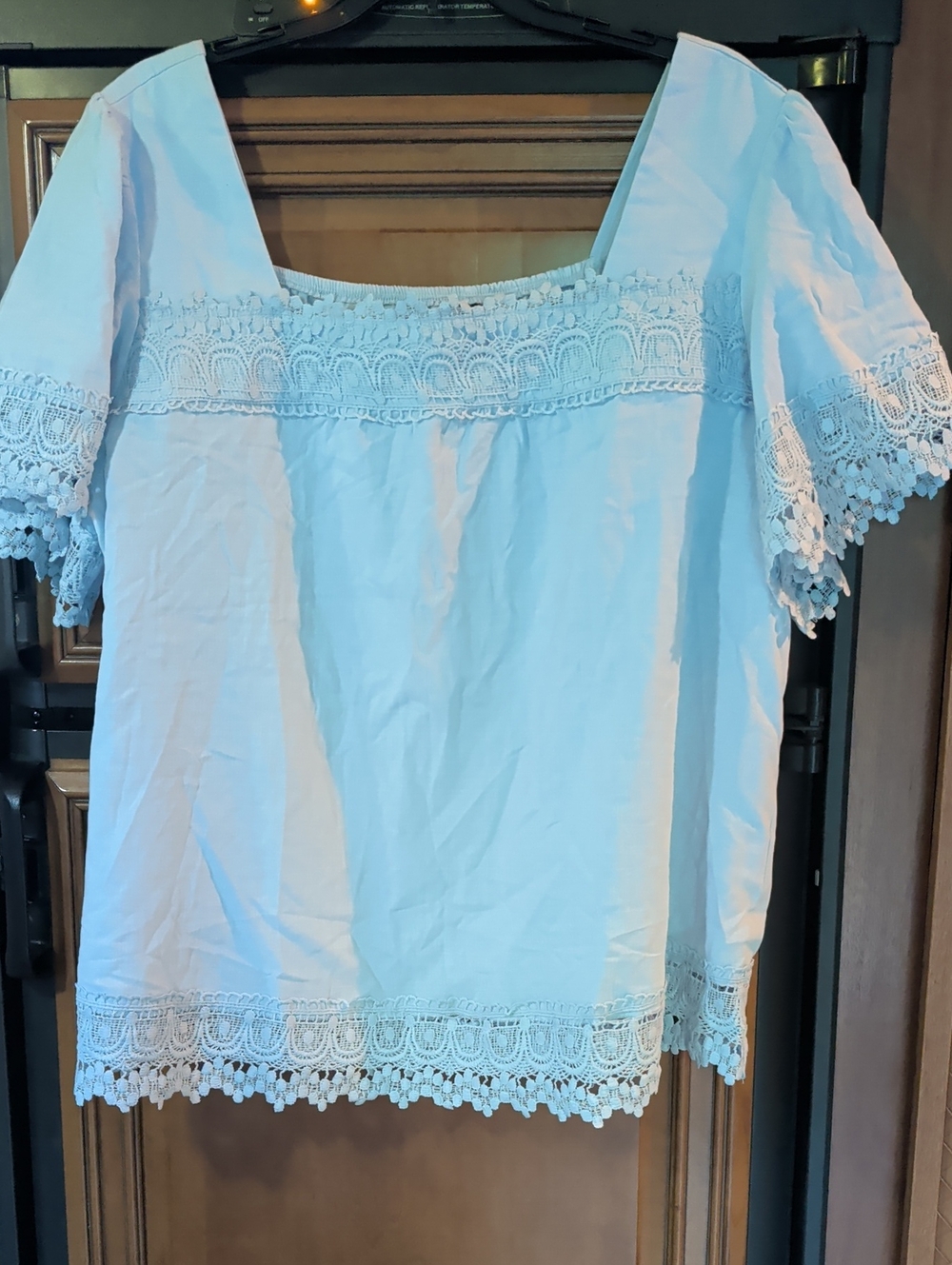 BloomChic Light Blue Lace-Trim Square Neck Cotton Blouse
